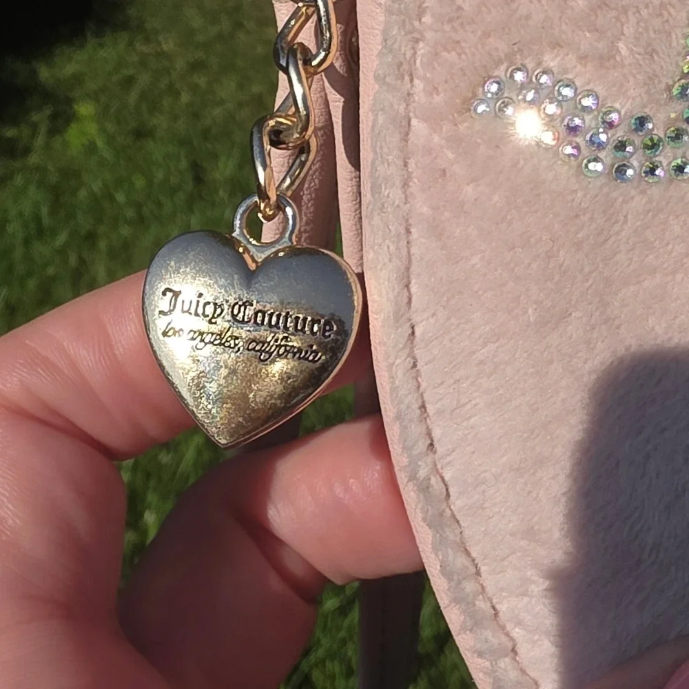 Juicy Couture Heart Coin Purse Pink Rhinestone Faux Fur Y2K Wristlet Pouch